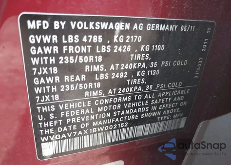 2011 Volkswagen Tiguan Sel from USA, damaged, VIN WVGAV7AX1BW002152